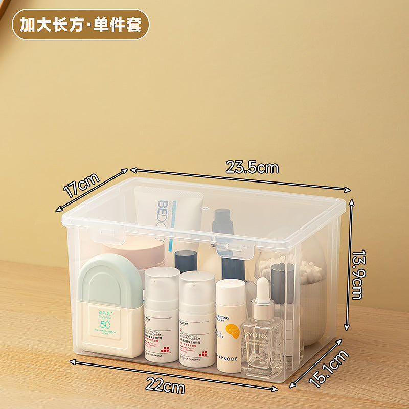 Long makeup brush, mask storage box, transparent rectangular box with lid, covered dresser, skin care product storage box.