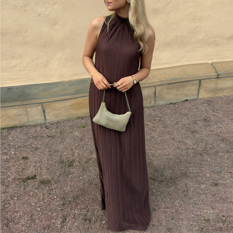 women's summer new arrivals: european and american cross-border fashion - elegant solid color halter sleeveless dress