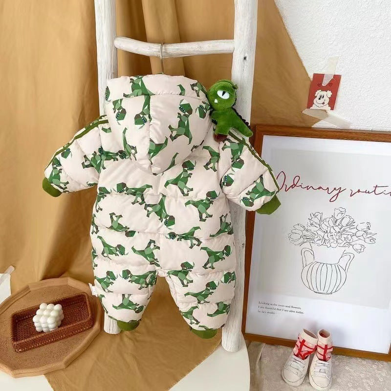 Infant and toddler winter clothing, korean style, unisex baby onesies, quilted dinosaur design, thickened for winter outings, fashionable jumpsuit