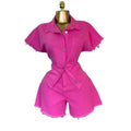 Fashion cross-border women's clothing  summer new arrivalfashion lapel short sleeve denim tops loose raw edge shortssuit