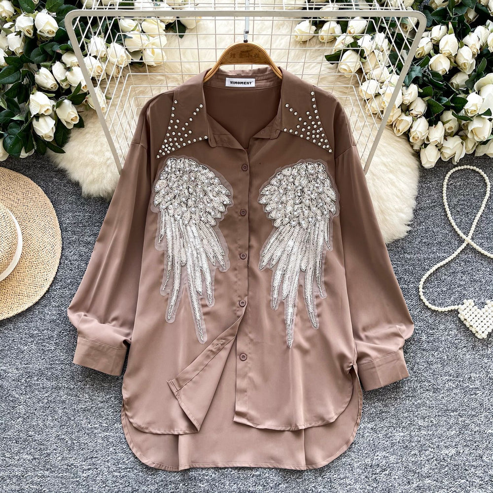 Classy heavy industry diamond-encrusted polo collar long sleevesshirt women's looseslimming lookcasualsequinembroider single-breasted tops
