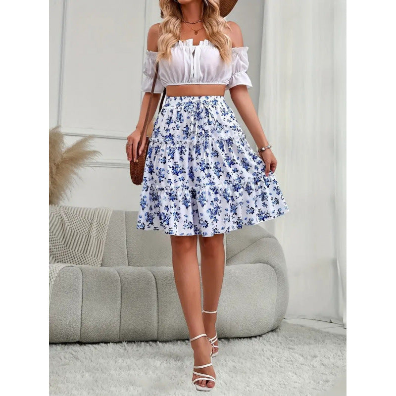 Shipped: european and american summer floral print women's bohemian ruffle hem midi skirt