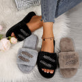 rhinestone leaf autumn and winter new arrival fur slippers women's foreign trade large size 43casualthick sole home fur slippers for women