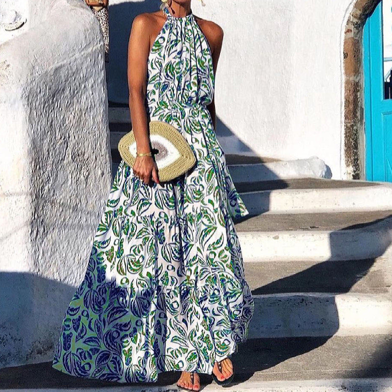 Ready-to-ship  summer new arrival: cross-border women's fashion sleeveless midi halter neck vacation print dress