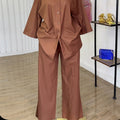European and american cross-border women's fashion  autumn new arrival: african-inspired loose-fit brown shirt and wide-leg pants casual set with turn-down collar