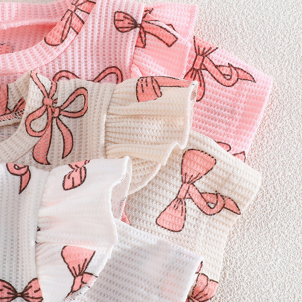 european and american girls' short-sleeve top and shorts set - bow print summer fashion two-piece outfit