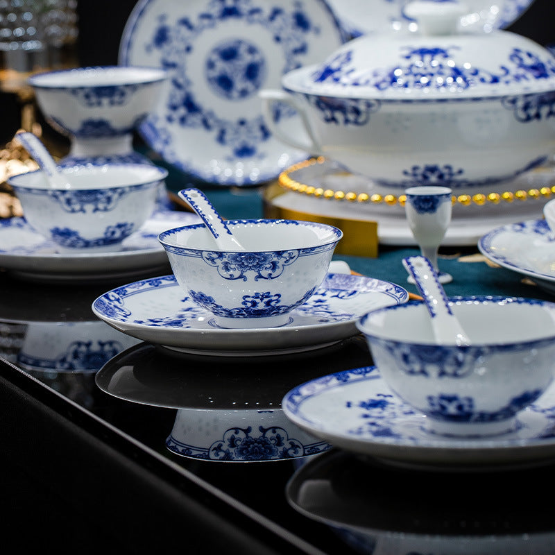 Blue and White Linglong High Temperature Underglaze Color Jingdezhen Ceramic Tableware Set Dish Set Household Gift Box