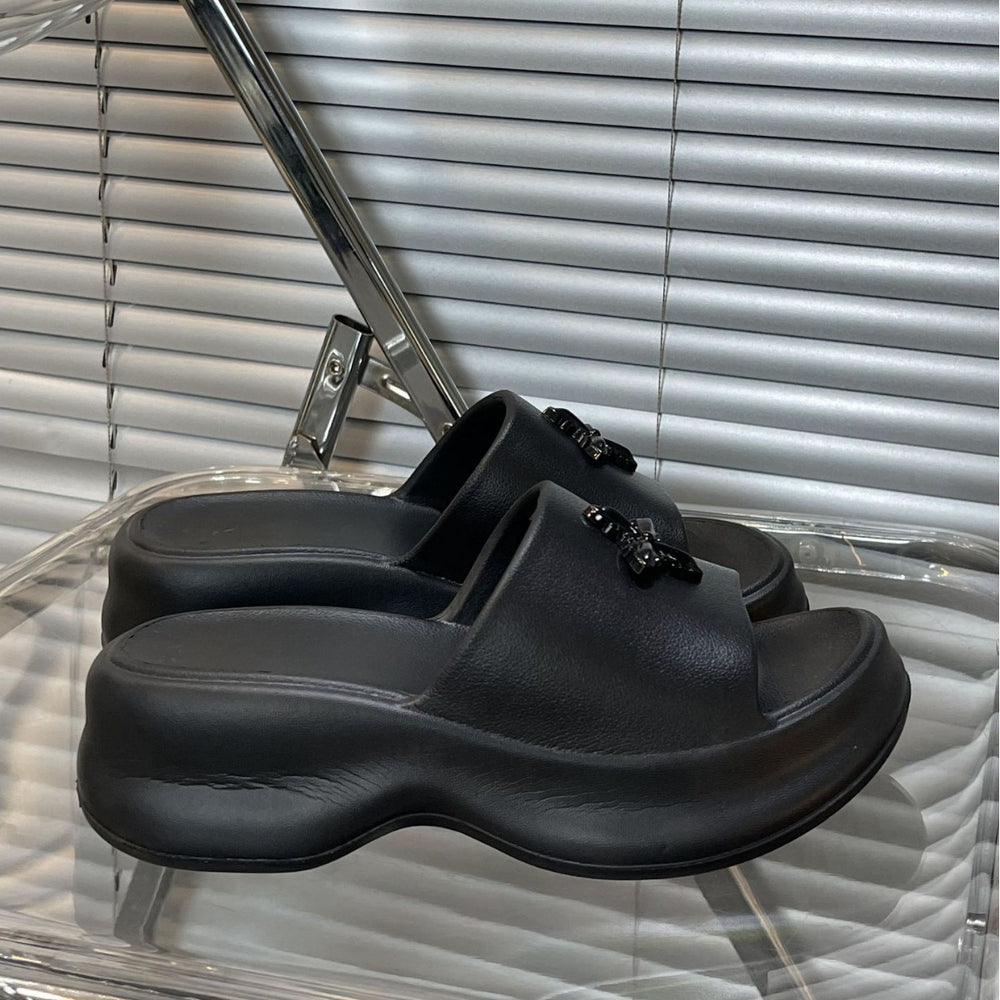 2025 summer new one-strap platform heeled slides - women's wedge sandals with thick sole for height increase, beach shoes, and lazy day comfort