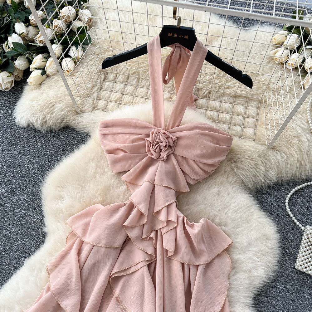 Pure desire style hollow stereo flower halter suspender dress women's vacation outfit rufflestube top long skirt