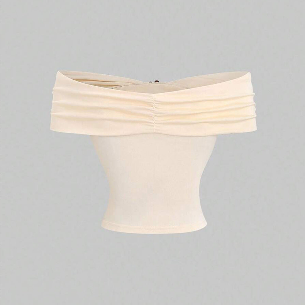 Amazon cross-border niche off-white off-shoulder short-sleeve top for women - fashionable metal buckle slim-fit cropped t-shirt