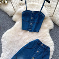 French denim suspender playful age-reducing two-piece set women's summer single-breasted silmslimming lookelegantsuit slit skirt