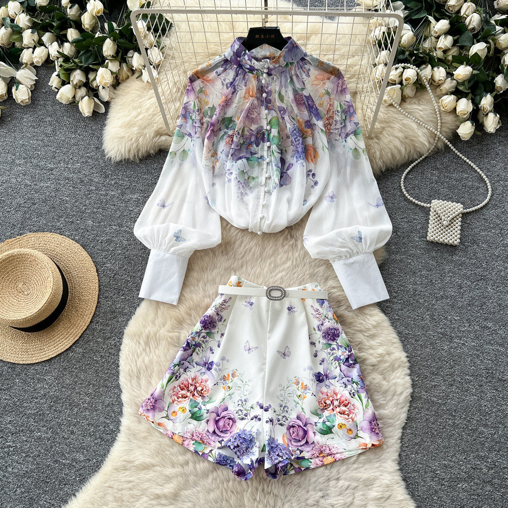 Export palace style printingfashionsuit women's lantern sleeve stand collar tops high waistshortstwo-piece setwork clothing outfit