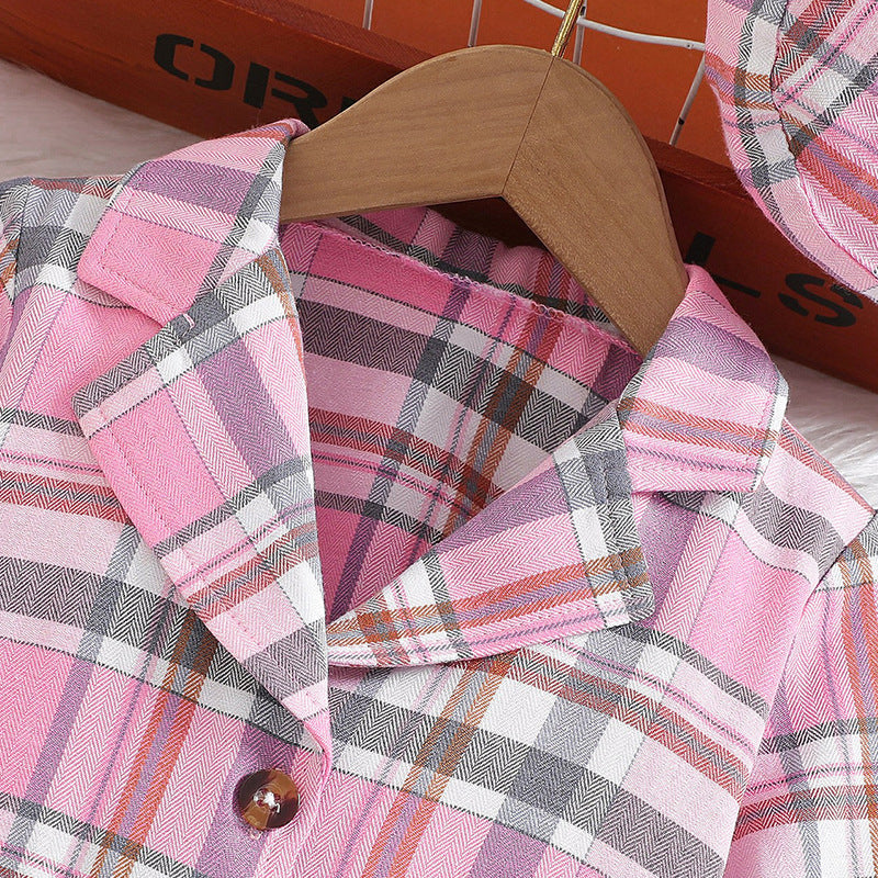 Spring & fallgirlplaidsuittwo-piece setk-style gray pink plaid lapel preppy style hat suit children's skirt