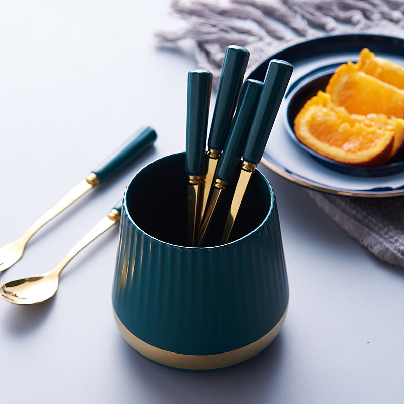 Gold-trimmed striped ceramic fruit fork storage jar - stylish stainless steel fruit forks, a great home essential, spoon and fork set