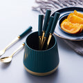 Gold-trimmed striped ceramic fruit fork storage jar - stylish stainless steel fruit forks, a great home essential, spoon and fork set