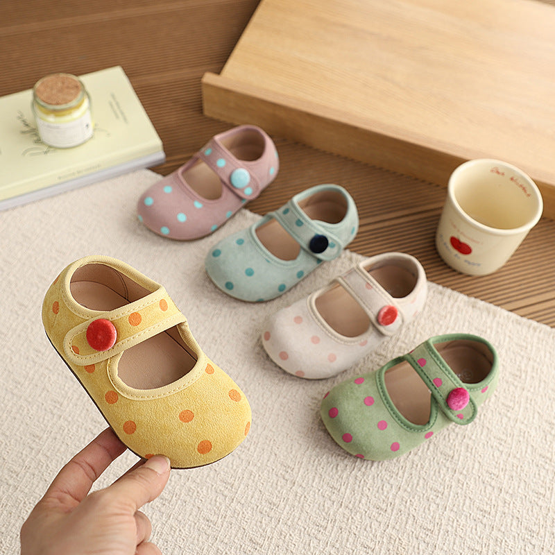 Vancahao girls' leather shoes,  autumn new collection, birkenstock-style fashionable and versatile polka dot shoes, outdoor children's footwear