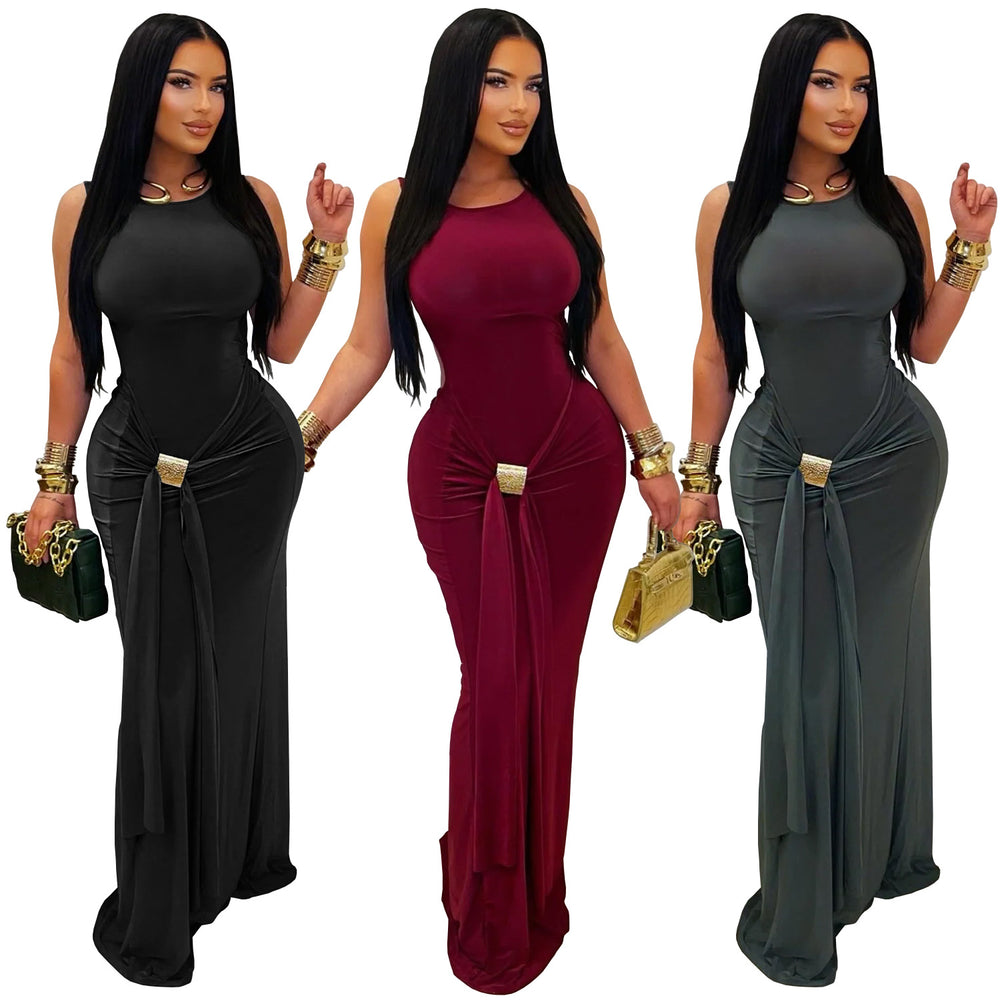 C7600 cross-border   fashion women's elegant solid color slim-fit backless dress