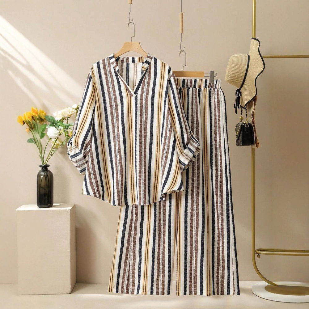 cross-border fashion: european & american style striped print v-neck set - new autumn/winter collection for  & independent e-commerce stores