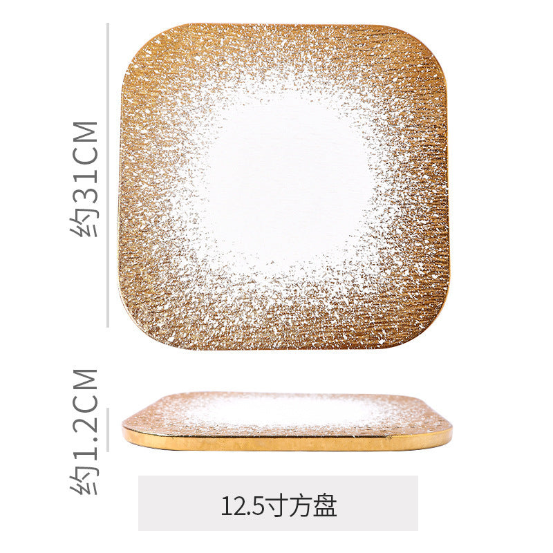 Minimalist gold matte western dinner plate - hotel & restaurant steak serving dish - stone texture square/round ceramic flat plate