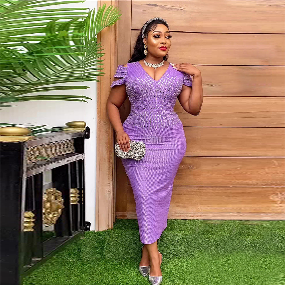 export v-neck sexy evening gown african plus size women's clothing  rhinestone tweed dress