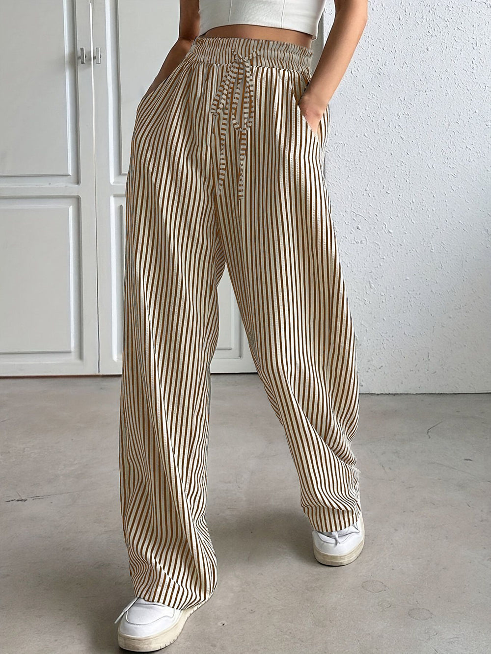 2025 european and american cross-border amazon new striped wide-leg pants drawstring pocket casual trousers straight-leg women's pants