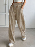 2025 european and american cross-border amazon new striped wide-leg pants drawstring pocket casual trousers straight-leg women's pants