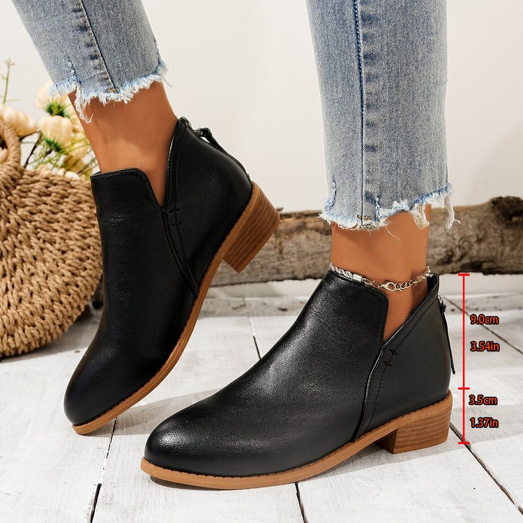Fashionexportplus size leather boots women's boots pure colorslimming look pointed toe back zipper casualthick sole thick heel boots women's single