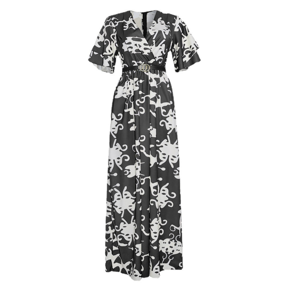 European and american plus size  new arrival cross-border export elegant socialite v-neck floral dress  women's dress