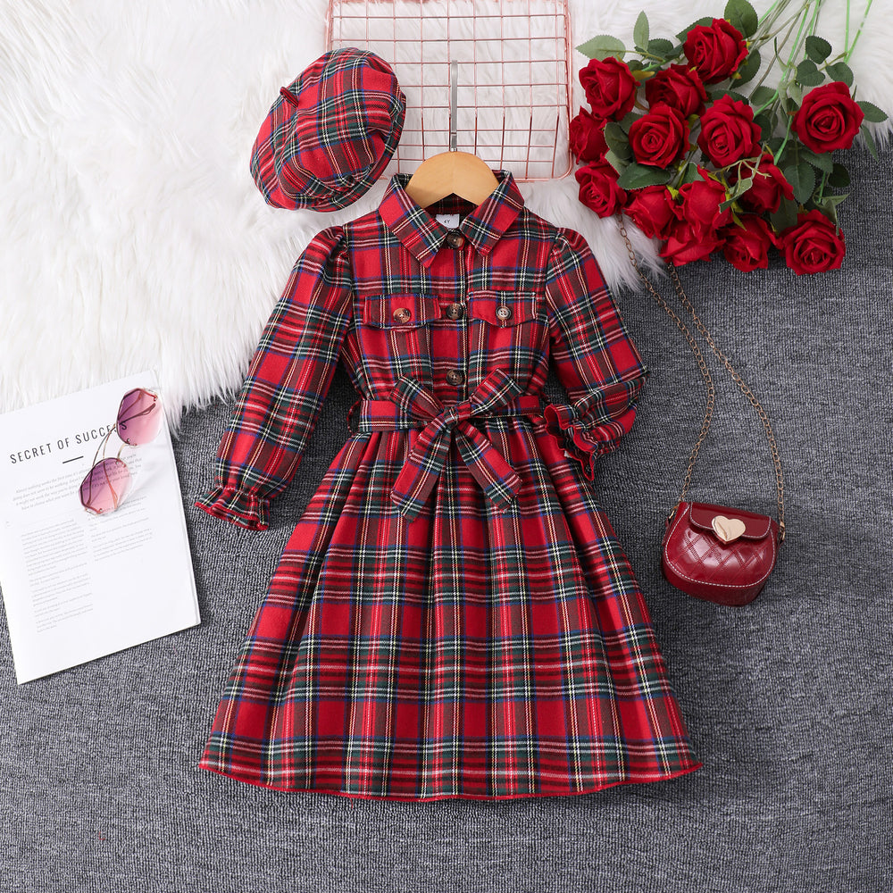 Girls' plaid long-sleeve belted dress with hood (toddler/kids)