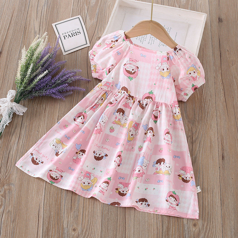 【matching family outfits】girls' cotton silk floral dress - princess style, stylish print, and puff sleeve skirt