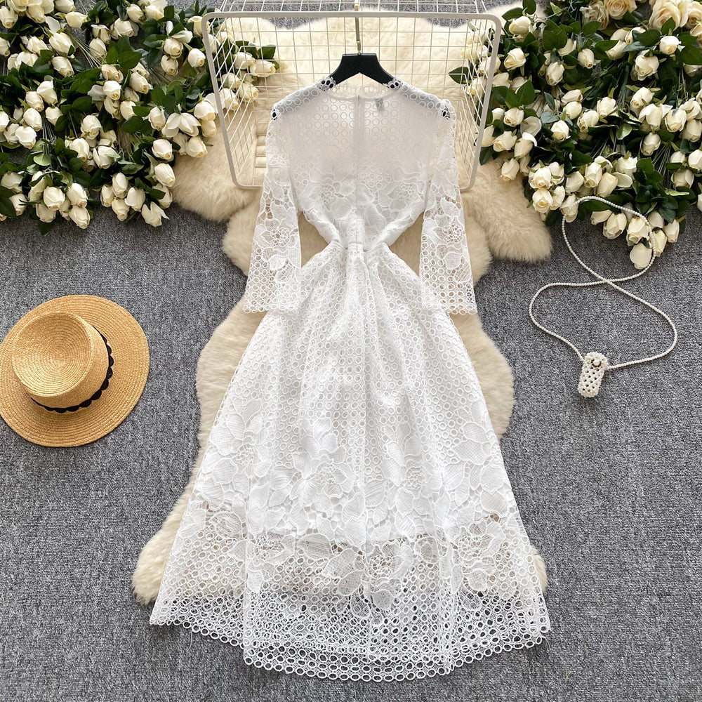 Frenchaccessible luxury heavy industry cut out crochet lace waist long sleevesdress women's slimming lookelegantelegance dress long skirt