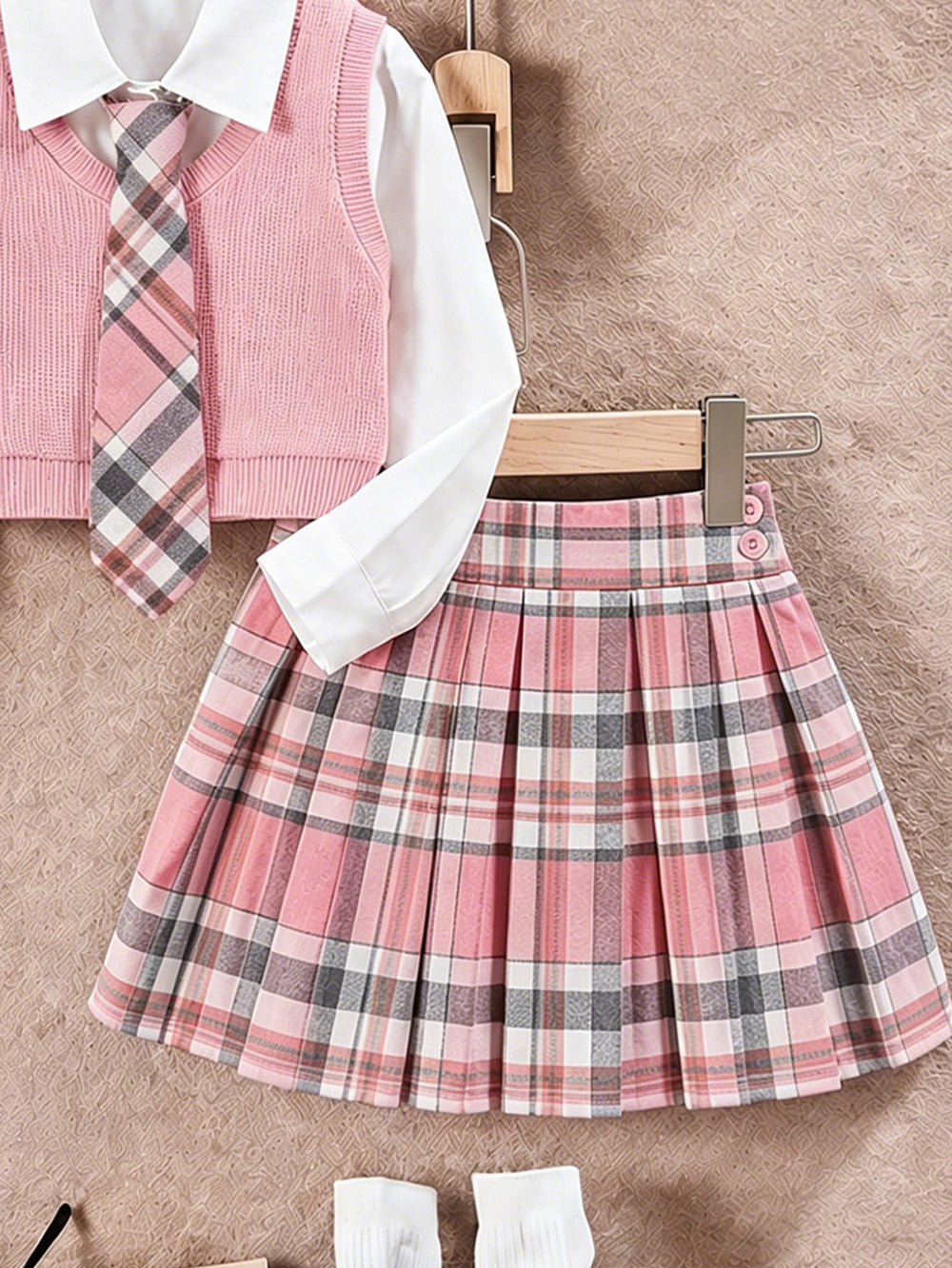 cross-border exclusive: preppy collar shirt + knitted vest with tie + pleated mini skirt three-piece set