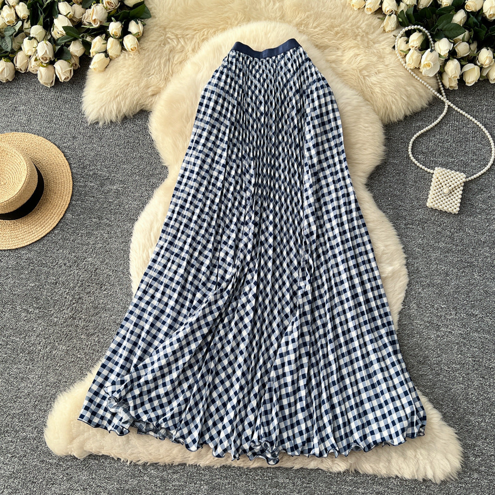 new arrivalgrids pattern patchwork a-line skirt women's high waistslimming lookelegantpleated long skirtwork clothinggrids skirt