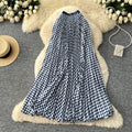 new arrivalgrids pattern patchwork a-line skirt women's high waistslimming lookelegantpleated long skirtwork clothinggrids skirt