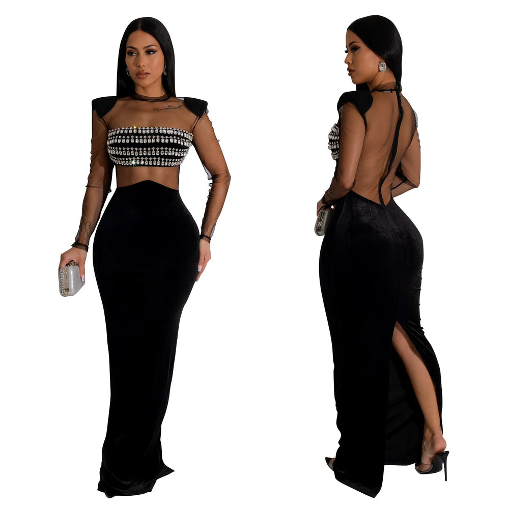 C6823 cross-border   fashion women's solid color mesh rhinestone long sleeve maxi dress