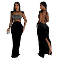 C6823 cross-border   fashion women's solid color mesh rhinestone long sleeve maxi dress