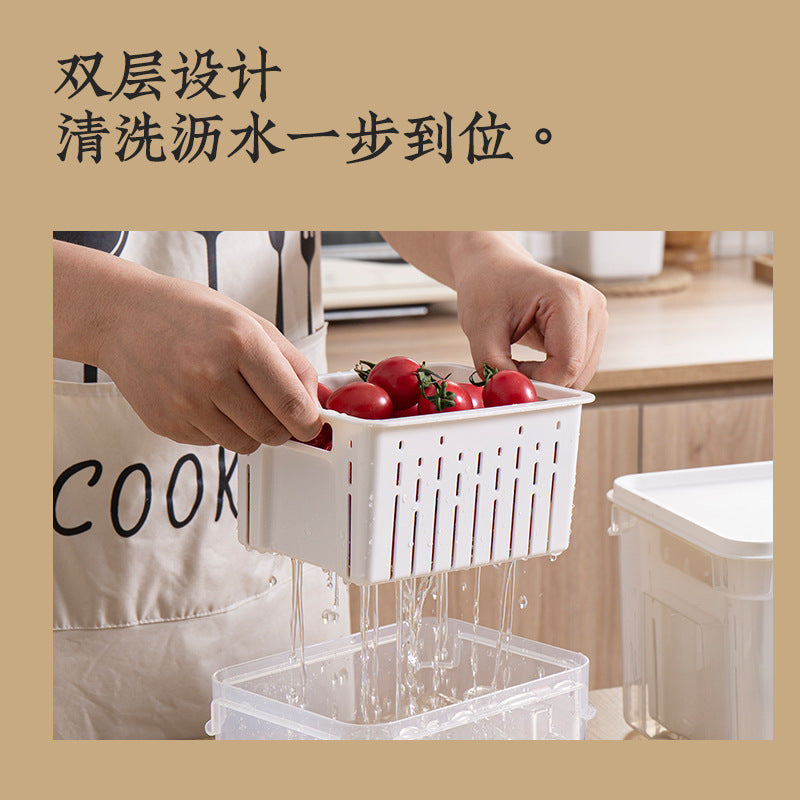 Food grade fruit and vegetable refrigerator storage drain basket kitchen finishing superimposed transparent sealing double-layer fresh-keeping box