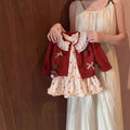 French sweet girl's  korean style early autumn new arrival: red bow cardigan & casual floral dress two-piece set