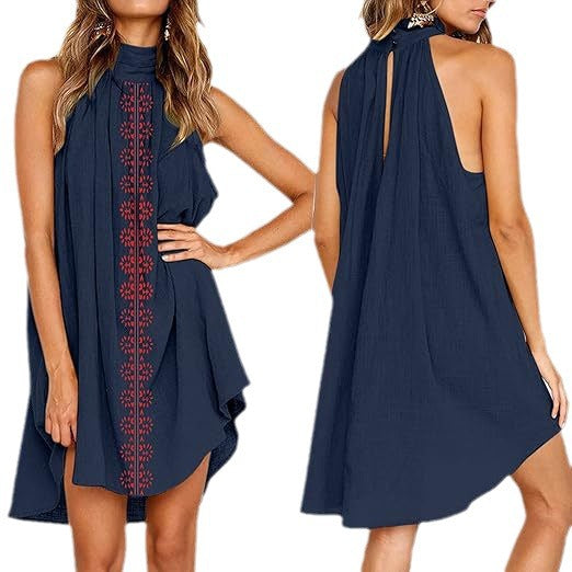 European and american cross-border women's fashion  autumn new sleeveless halter neck printed pleated asymmetrical elegant dress