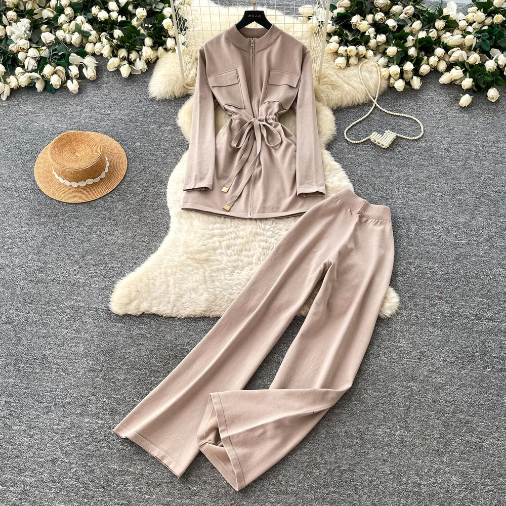 Commuting style strap waist knittingtopsloose pantstwo-piece setfemaleautumslimslimming look workplace suit outfit