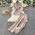Commuting style strap waist knittingtopsloose pantstwo-piece setfemaleautumslimslimming look workplace suit outfit