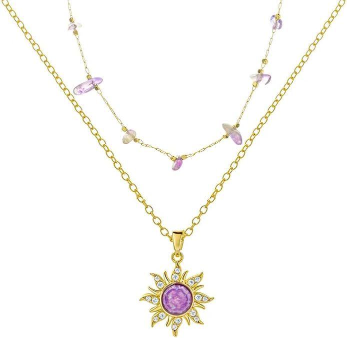 European and american opal necklace retro dopamine barbie necklace copper sun crown heart pendant inlaid zircon pendant