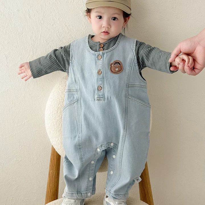 Baby and toddler overalls, baby boy denim rompers, autumn striped base layer, outdoor wear, overalls set, trendy