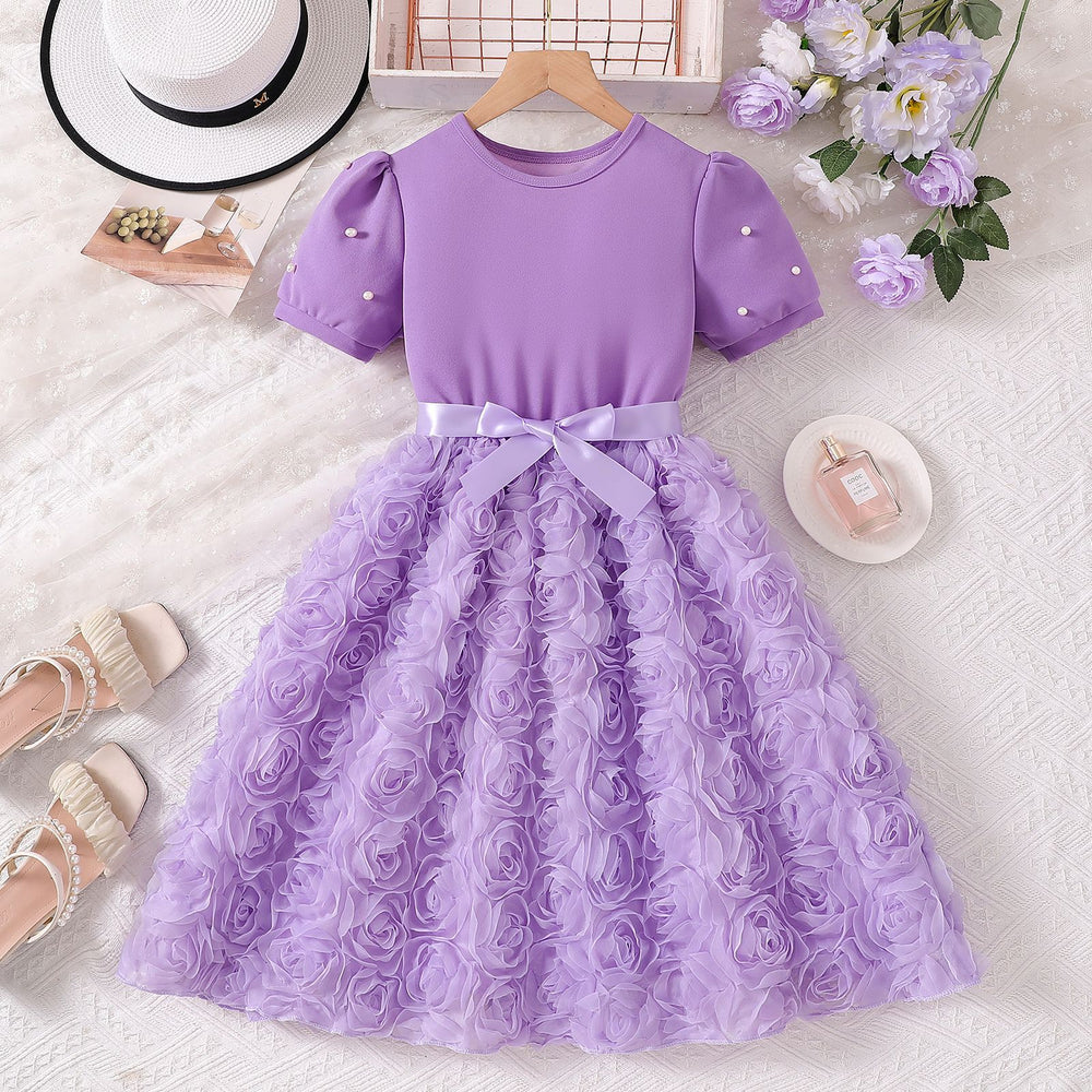 summer girls' purple pearl bubble sleeve princess dress with bow and 3d rose detail - trendy formal dress
