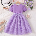 summer girls' purple pearl bubble sleeve princess dress with bow and 3d rose detail - trendy formal dress