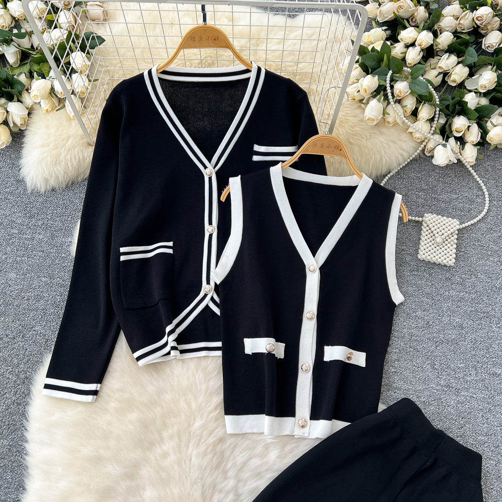 Xiaoxiangfeng age-reducing suit women's retrocontrast colorv neck sleeveless vest + long sleevesknittingoutwear + loose pants