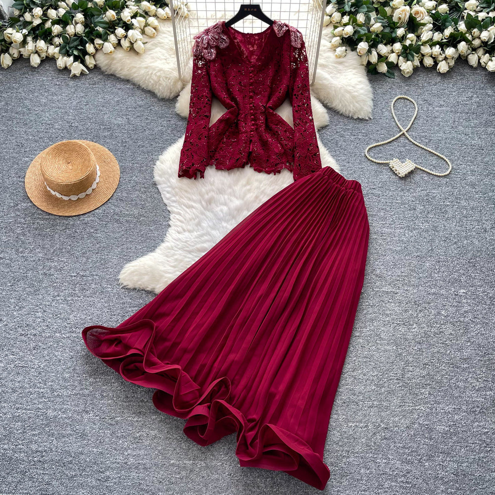 French chic v-neck lace top & high-waisted pleated skirt two-piece set - autumn's elegant & luxurious choice