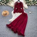 French chic v-neck lace top & high-waisted pleated skirt two-piece set - autumn's elegant & luxurious choice