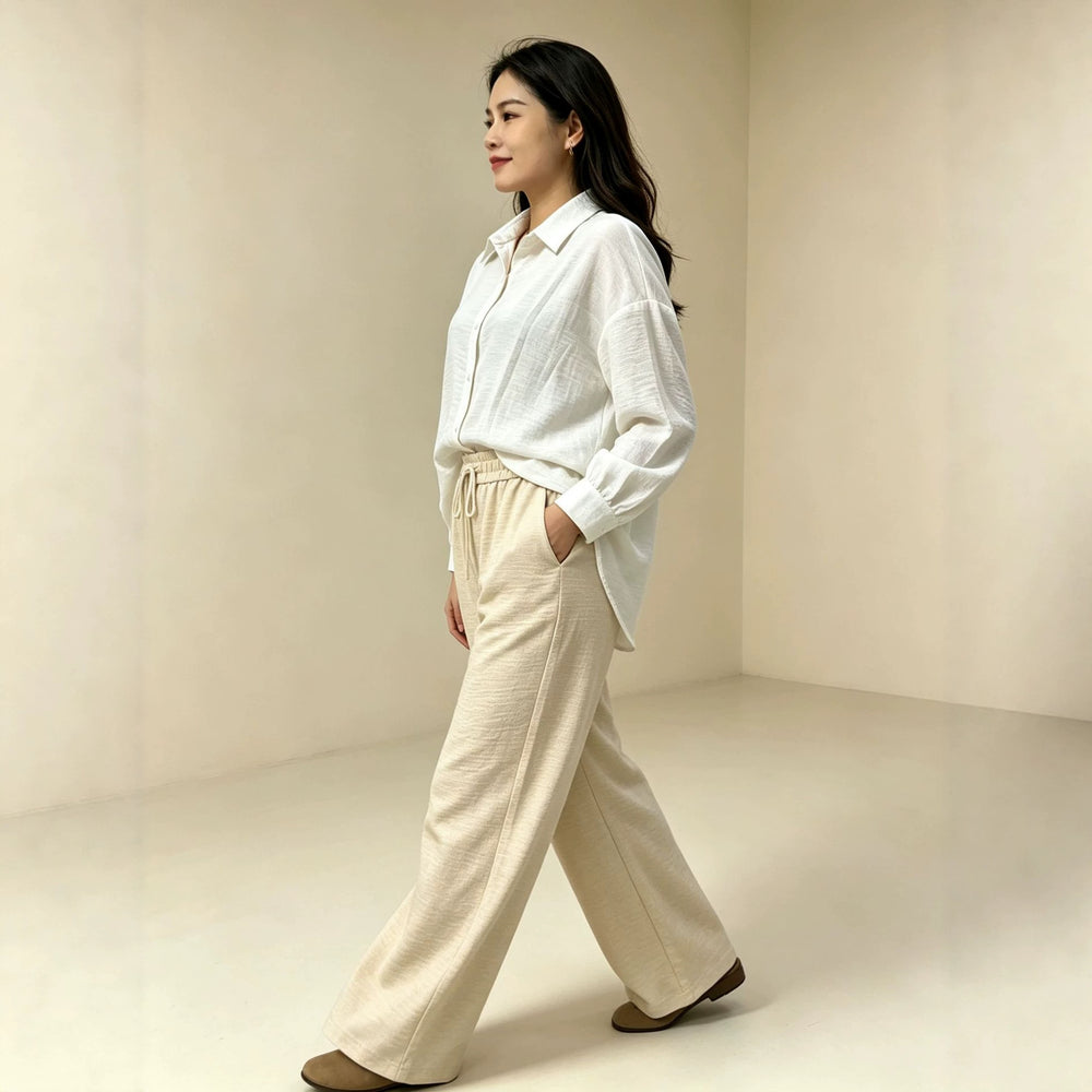 cross-border fashion women's casual comfortable versatile white long-sleeve shirt and casual pants set