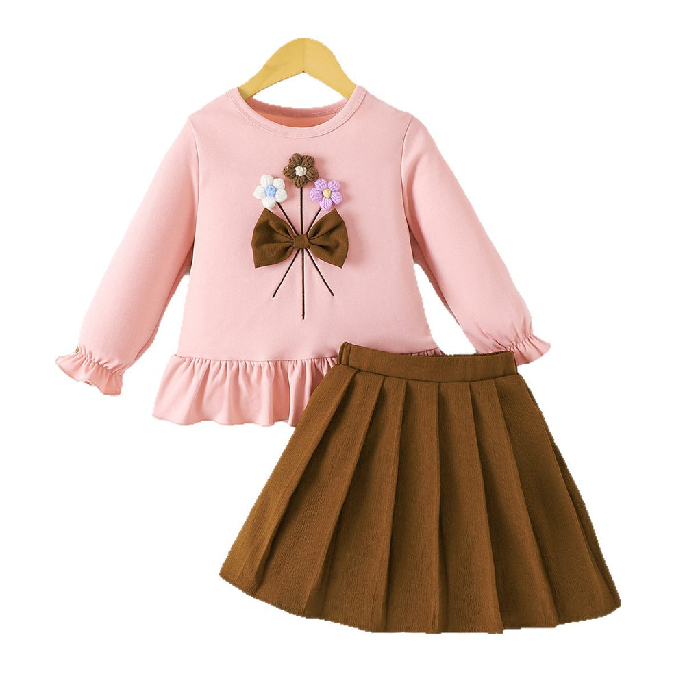 girls' skirt set: pink lace long-sleeve top with brown pleated skirt and floral appliqué - two-piece outfit for kids